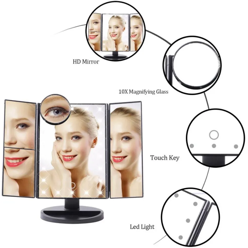Освещенное зеркало для макияжа Trifold Vanity Mirror с 2X/3X/10X увеличением 180 Вращение сенсорного экрана косметическое светодиодный зеркало