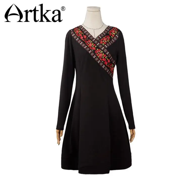 ARTKA винтажное женское платье осеннее платье с длинным рукавом женское черное платье с принтом женское элегантное платье для девочек LA10475Q - Цвет: black