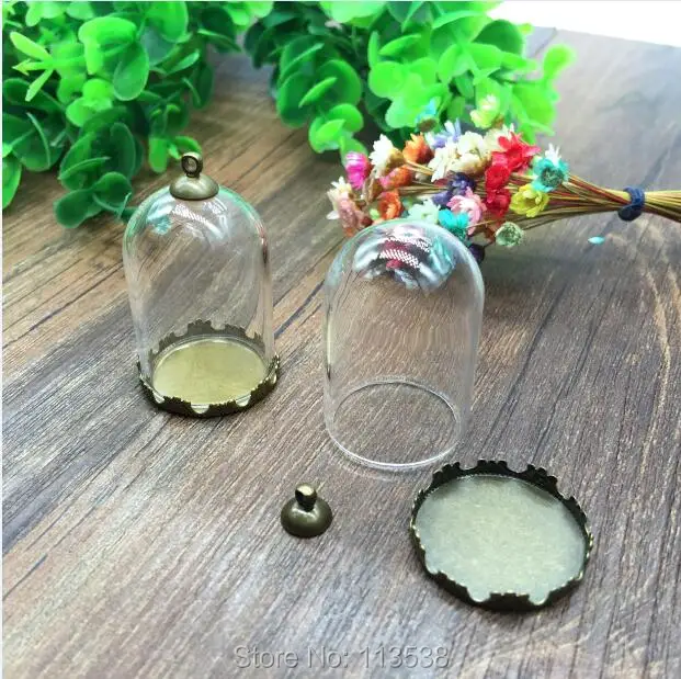 

10sets/lot tube shape 38*25mm clear glass globe 25mm bronze crown base 8mm cap set glass bottle necklace pendant glass vials