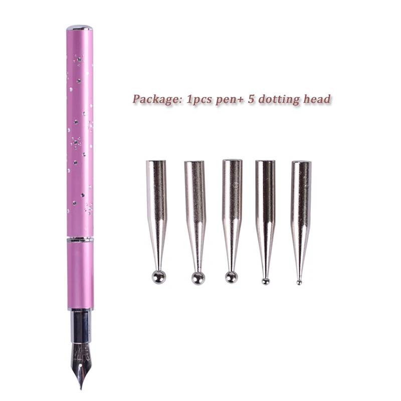 6pcs Nail Art Dotting Pen Rhinestone Diamond Pink Handle Liner DIY 3D Painting Drawing Steel Dot Manicure Salon Tools JID002|nail art pen