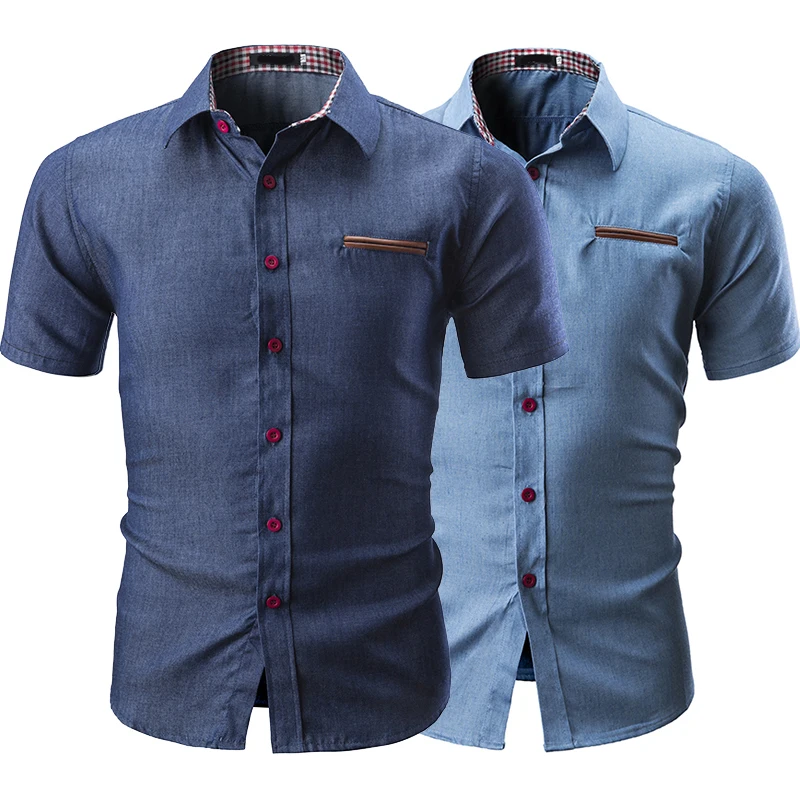 

Men Shirt 2020 New Western Style Camisas Hombre Plaid Collar Fashion Casual Summer Short Sleeve Denim Shirts Men Dress