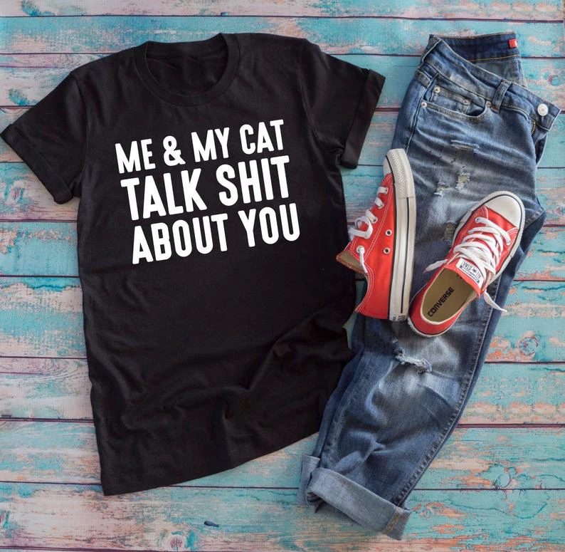 Забавные Футболки ME & MY CAT TALK ABOUT YOU летняя Винтажная футболка Хлопковая женская