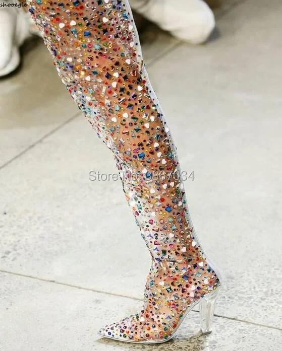 SHOOEGLE/прозрачные сапоги выше колен из ПВХ с кристаллами модельные разноцветные