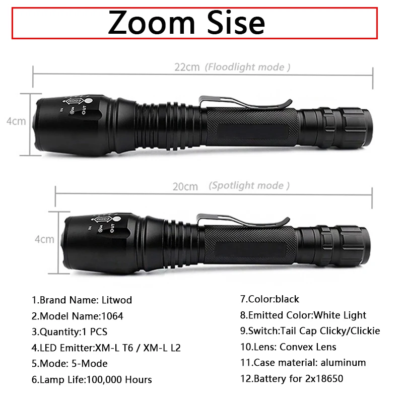 Litwod Z20 Корабль из Российской Федерации светодиодный фонарь XM L2 Zoom для 2x18650 батареи