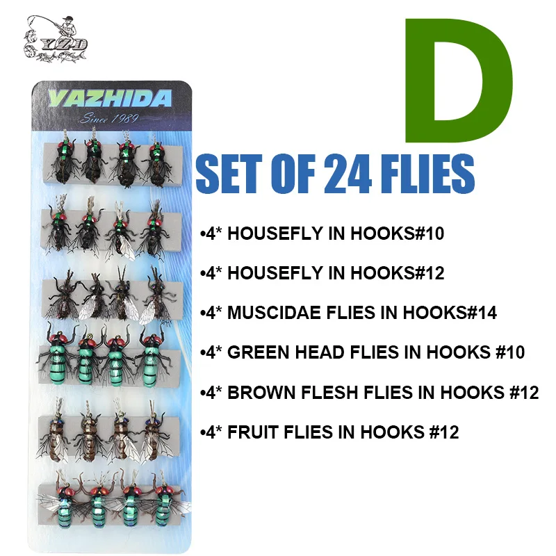 D SET OF 24 FLIES Набор мух для ловли нахлыстом, 12 шт., Реалистичная приманка для насекомых от комаров, приманка для форели, набор для ловли нахлыстом - Цвет: D SET OF 24 FLIES