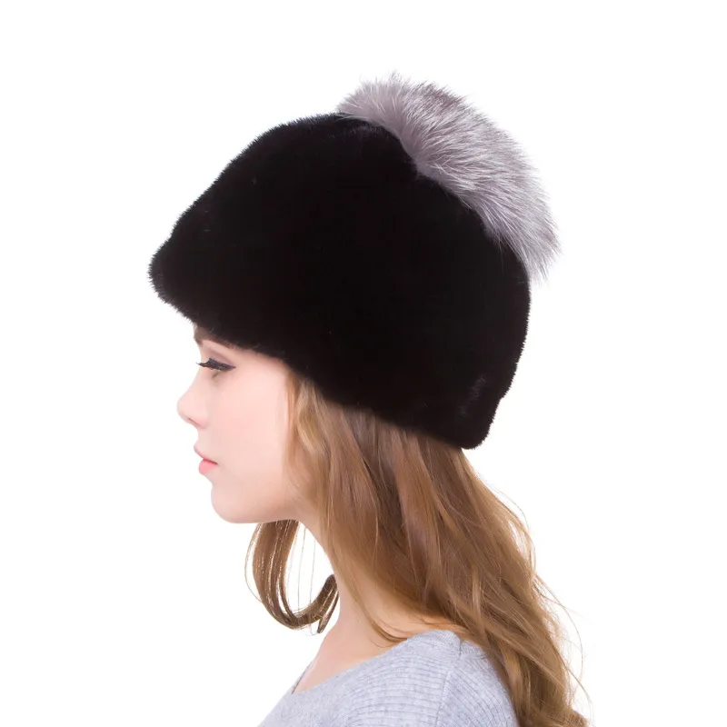 Шапка из натурального меха норки женская зимняя полосатая плетеная шапка с