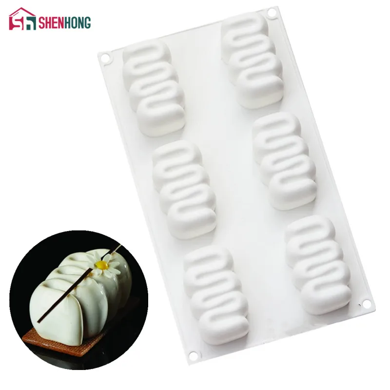 6 Hole Curved Cream SHENHONG, 6 отверстий, изогнутая кремовая силиконовая форма для торта, для выпечки муссов, шоколадная форма для губки, сковородки, День Святого Валентина, декоративная форма - Цвет: 6 Hole Curved Cream