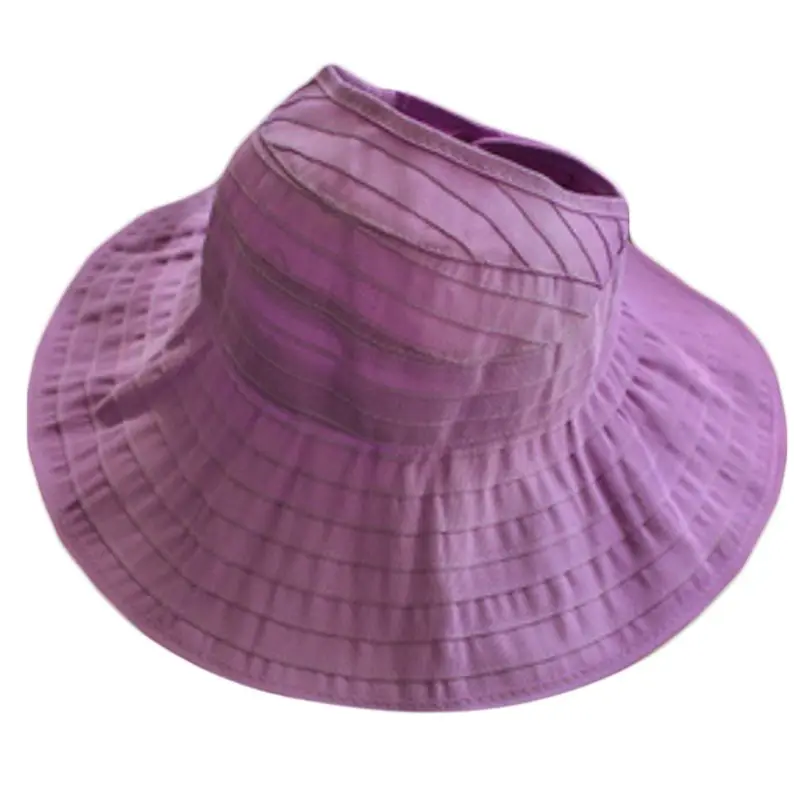 Purple Женская летняя свободная складная плиссированная солнцезащитная шляпа с козырьком, одноцветная, с широкими полями, дышащая сетка, анти-уф, пляжная кепка с ремешком для подбородка - Цвет: Purple