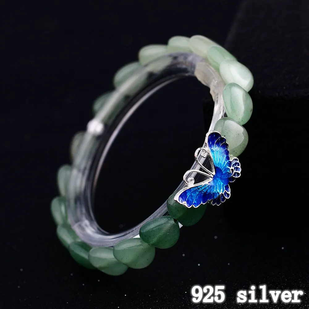 Женский браслет Yumten Aventurine из нефрита 925 пробы с серебряной бабочкой ювелирный