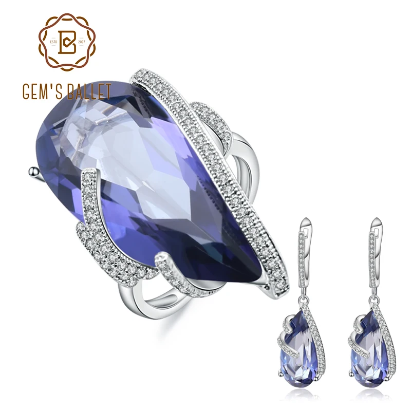 GEM'S балетные 925 пробы серебряные модные серьги набор колец натуральный иолит синий мистик кварц капли воды Ювелирные наборы для женщин