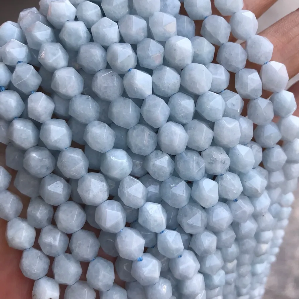 

6mm 8mm Faceted Natural Aquamarines Stone Beads DIY Jewelry Making Accessories Big Angle Cut Loose Stone Beads Strand 15''