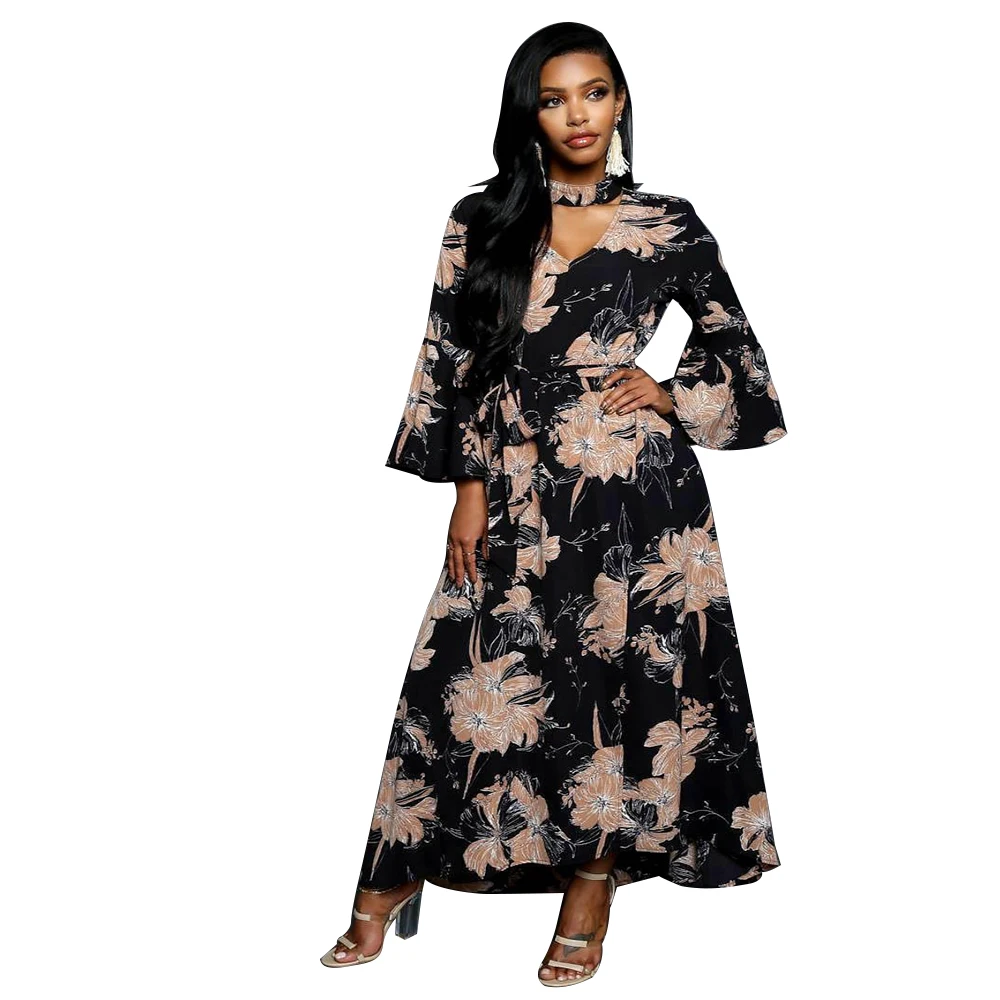 Женское Повседневное платье-макси с V-образным вырезом длинным рукавом и поясом |