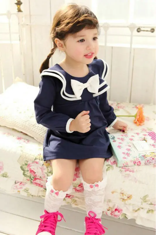 New 2014 Lotus Leaf Collar Children Spring Winter Baby Kids Girls Bow School Dresses Princess Party Child Dress 3-7 Years | Детская