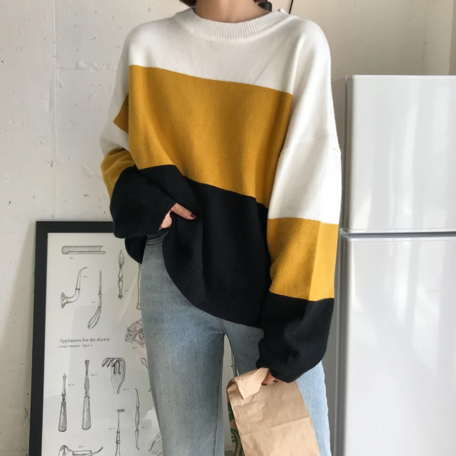 autumn 2020 winter clothes women harajuku korean fashion friends sweaters personality sweet striped retro knitted sweater | Женская