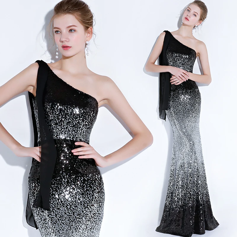 Фиолетовый sequines одно плечо Русалка Леди Девушка для женщин принцесса подружки невесты платье для банкета, вечеринки платье - Цвет: Серебристый