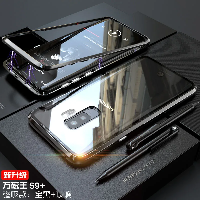 Магнитный металлический бампер для samsung Galaxy S9 Plus, чехол, роскошная прозрачная Задняя стеклянная крышка для samsung Note10 Plus Note9, чехол, оболочка - Цвет: black