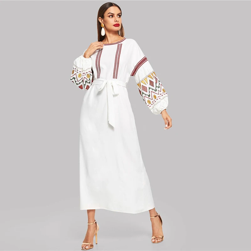 SHEIN Платье С Поясом С Фонарными Рукавами Весна Осень Бежевый Природа Талии Вышитые С Длинным Рукавом Женщины Длинные Платья