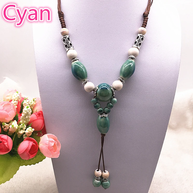 07cyan Модное этническое ювелирное изделие традиционные украшения ручной работы Плетение восковой веревки керамическое ожерелье с керамическими бусинами длинное ожерелье#07 - Окраска металла: 07cyan
