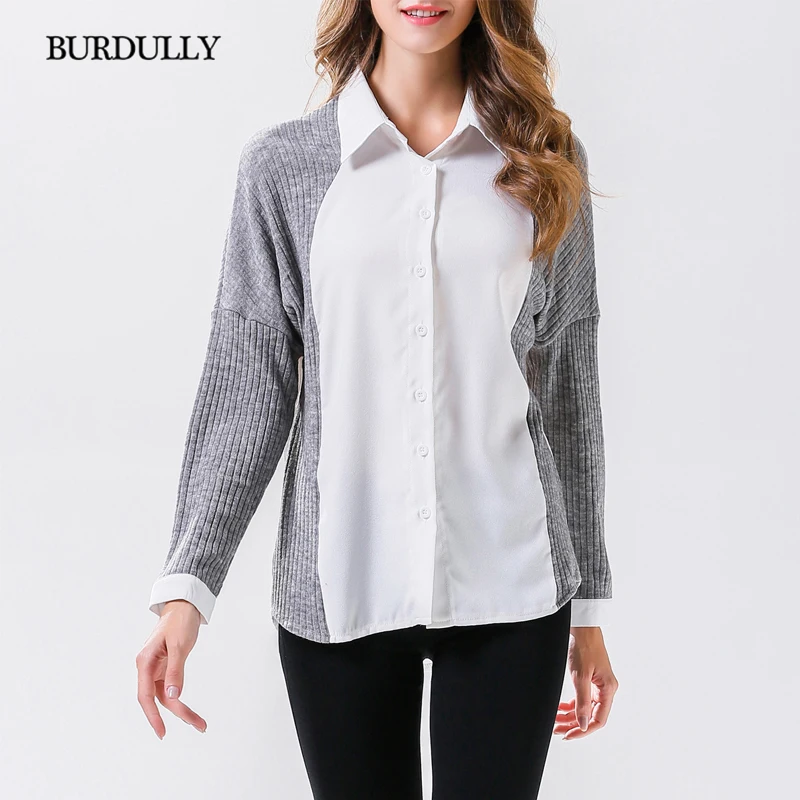 BURDULLY Fashion Office Knitted Blouses Women 2018 Spring Long Sleeve White Patchwork Shirt High Quality Cotton Casual |