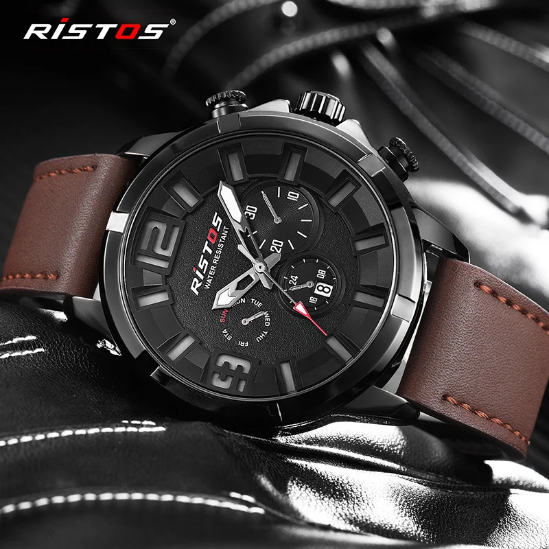 RISTOS CasualLeather часы для мужчин спортивные водостойкие Дата Аналоговый кварцевые