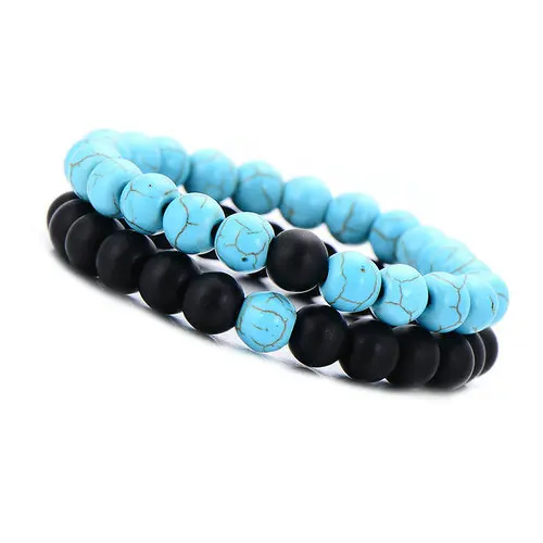 black blue VEKNO 8 мм натуральный бисерный браслет набор ювелирных изделий для пары красный и черный камень лавы растягивающиеся браслеты для женщин мужские ювелирные изделия для йоги - Окраска металла: black blue