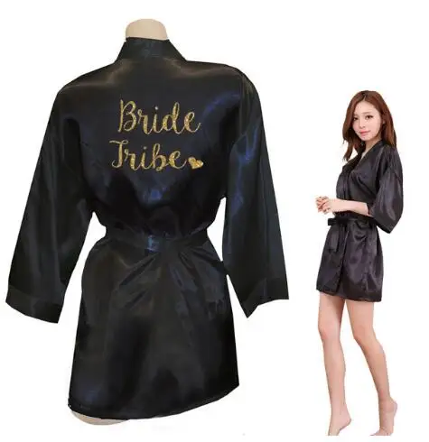 black Bride Tribe Для женщин кимоно халаты из искусственного шелка невесты сердце племени золотой блеск печать халаты девичник Свадьба Preparewear - Цвет: black Bride Tribe