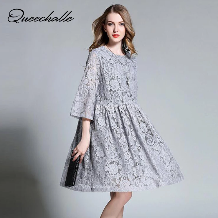 

2017 European design spring autumn women floral lace dresses plus size 4XL hollow lace women pleated dress gray blue color