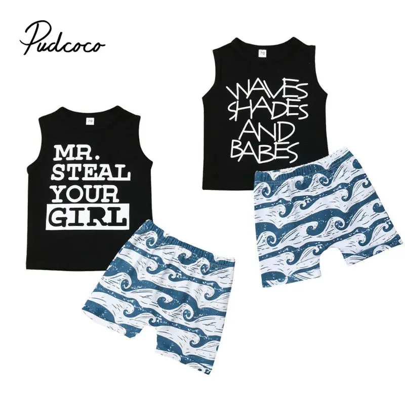 70-100 New Born Baby Clothes 2pcs Set Black Letter Print Tshirt For Boys White Wave Shorts Pants Newborn | Детская одежда и обувь