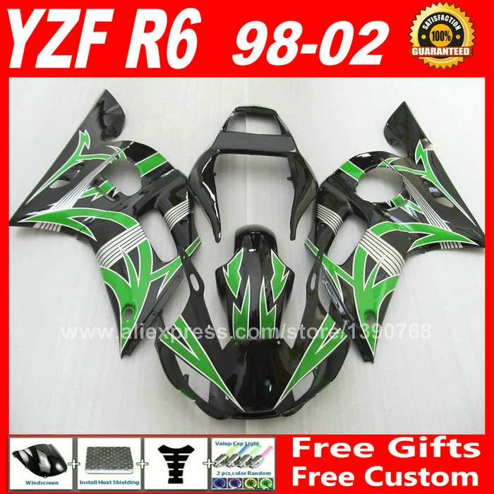 Обтекатель комплект для 98-02 YAMAHA YZF R6 998 1999 2000 2001 2002 зеленый черный пластик 1 99 00 01