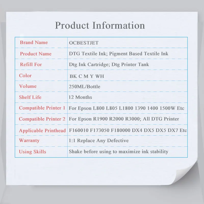 250 мл * 5 чернила DTG для Epson T50 P50 R290 R330 1390 1410 L800 L1800 R1900 R2000 DX5 DX6 DX7 DX9 DX10 печатающая
