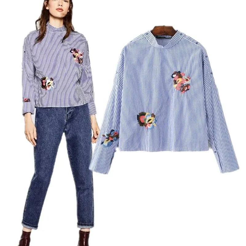 Синий Полосатый Цветок Вышивка Рубашка Женщины Нагрудные с длинным рукавом