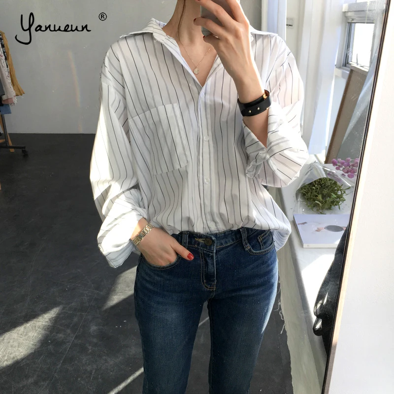 Yanueun Базовая стильная полосатая блузка с длинным рукавом весна осень свободные