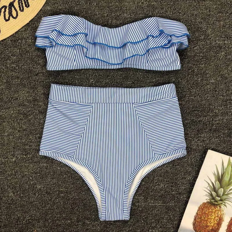 2019 High Quality Ruffles Waist Stripe Print Tube Top Swimwear Sexy Bikini Women |