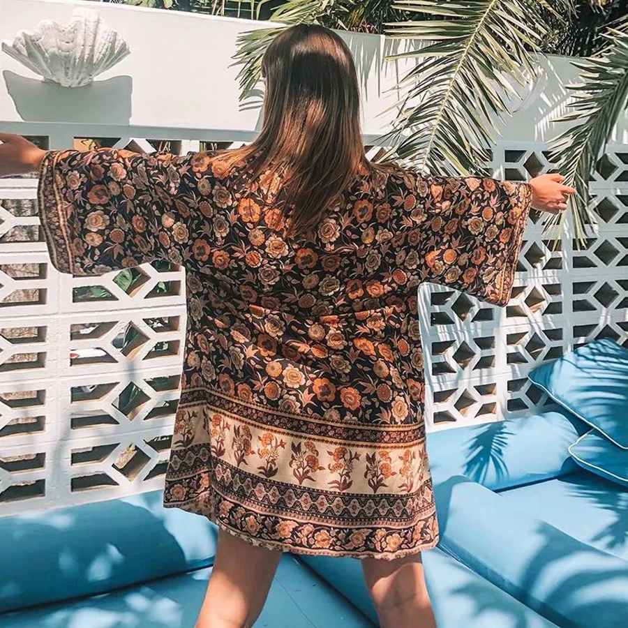 Женский кардиган с цветочным принтом Feccer коричневая пляжная блузка в богемном