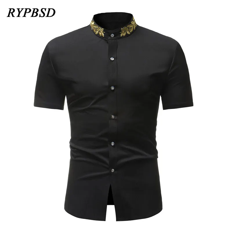 Рубашка мужская приталенная с вышивкой базовая сорочка коротким рукавом