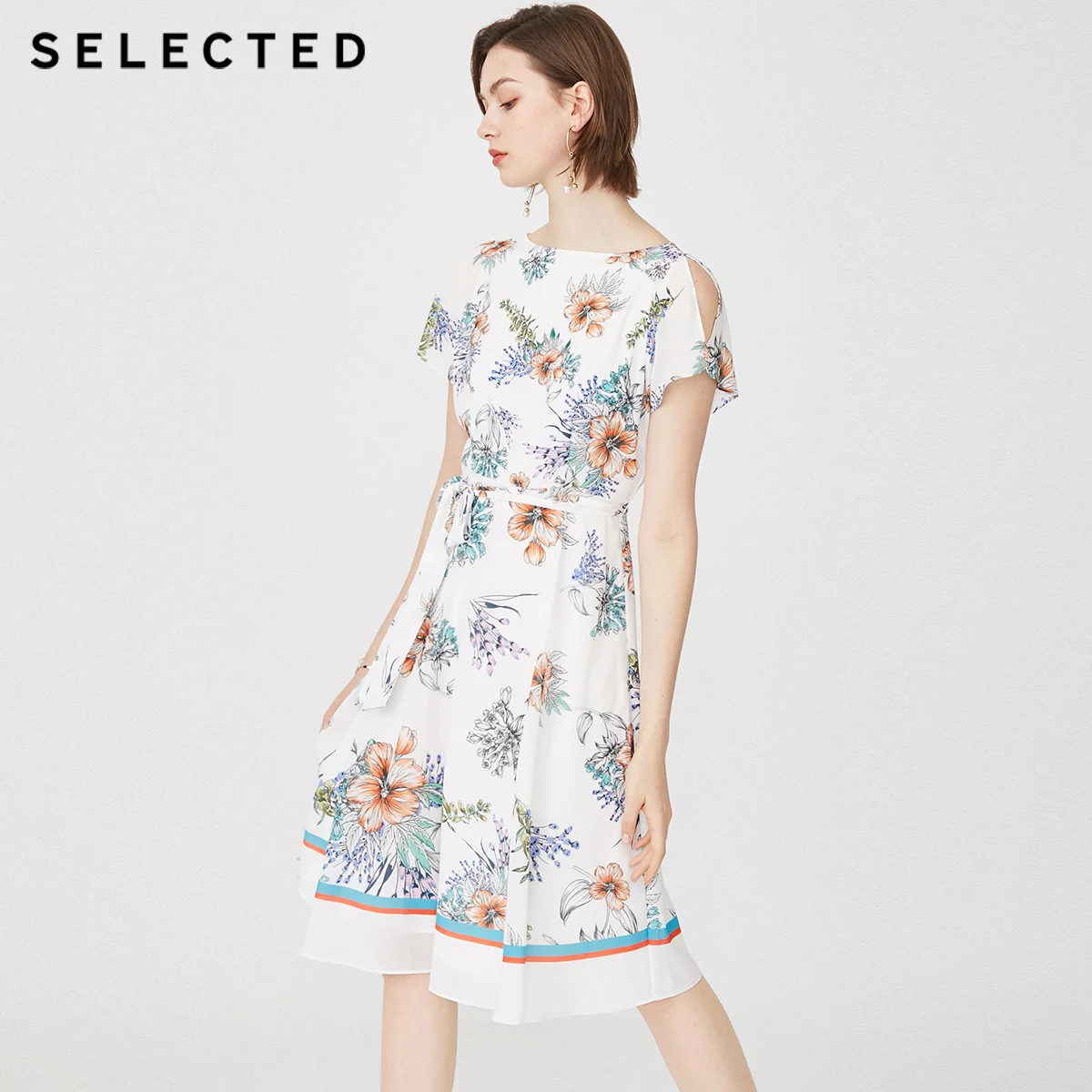 Летнее приталенное платье миди с принтом S | 41922J552 - Цвет: WHITE PRINT