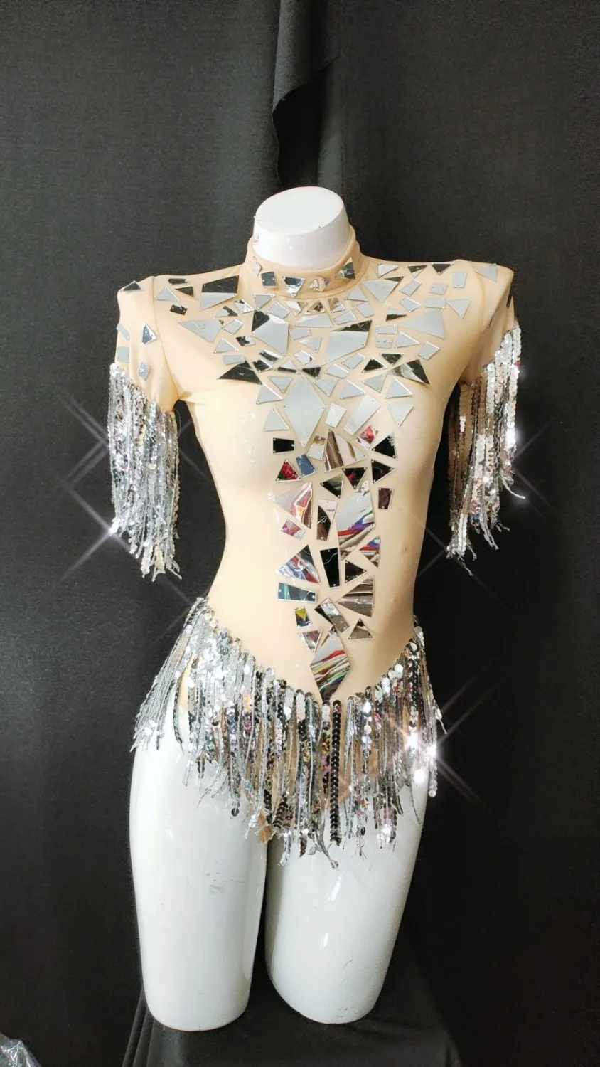 Fashion Nude Sexy Silver Mirrors Leotard Dance Costume Women's Fringes Bodysuit Show Nightclub  Female Singer Stage Show Wear