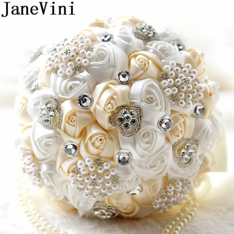 

JaneVini Ramos Novia Ivory Wedding Bouquets Luxury Beaded Crystal Satin Flowers Bridal Bouquet Pearl Lace Handle Bride Bouquet