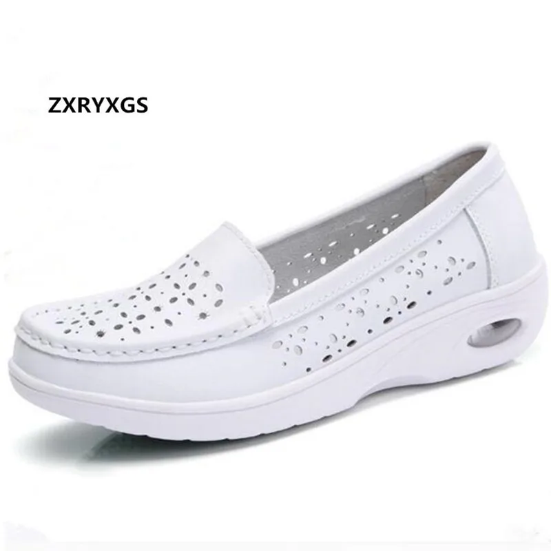 

2021 Spring Summer Genuine Leather Shoes White Air Cushion Nurse Shoes Slope with Pregnant Soft Non-slip Mom Shoes Woman Sneaker