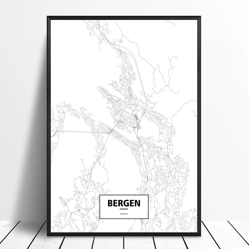 Bergen Норвегия черный белый цвет на заказ карта городов мира плакат холст печати