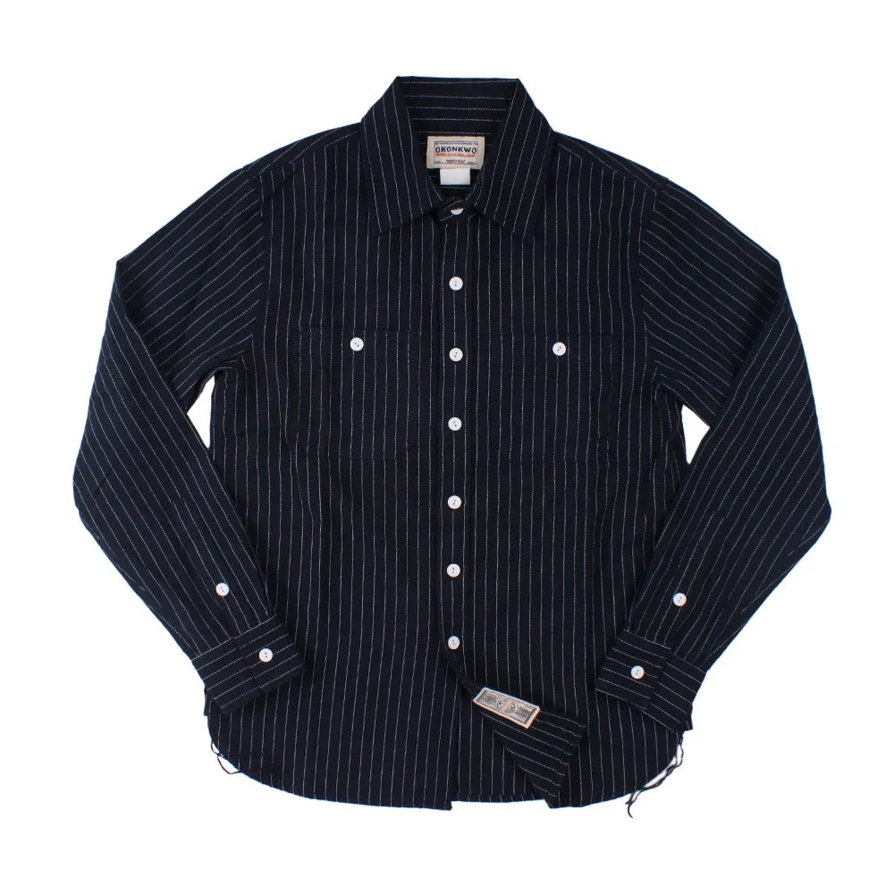 Осень Зима карго полоса Мужская рубашка Уличная Повседневная Camisas Para Hombre с длинным рукавом винтажные рабочие рубашки мужская одежда - Цвет: dark blue