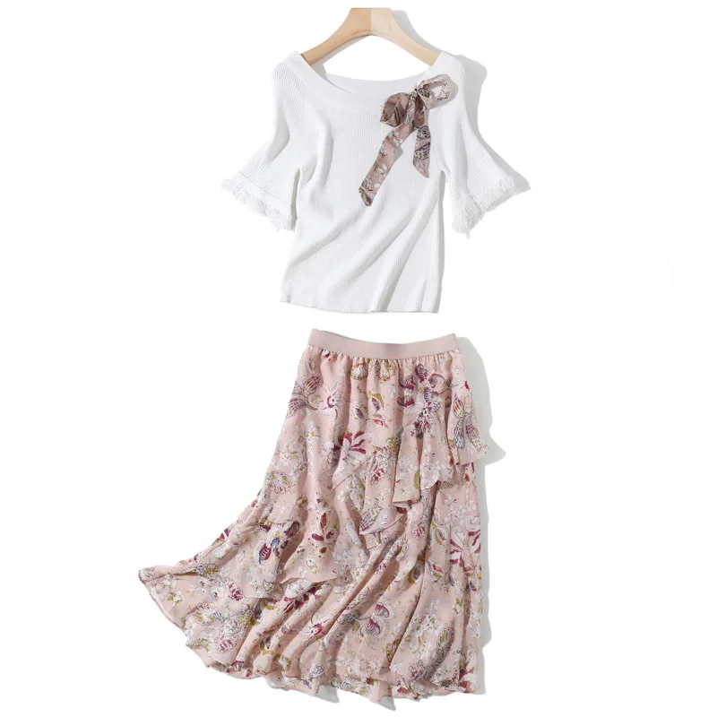 Эластичные трикотажные футболки и шифоновыми оборками юбки 2 шт. костюмы с юбкой