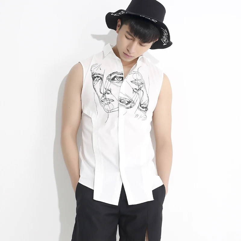 Летняя мода печать рубашка без рукавов мужская Тонкая Корейская волосяная
