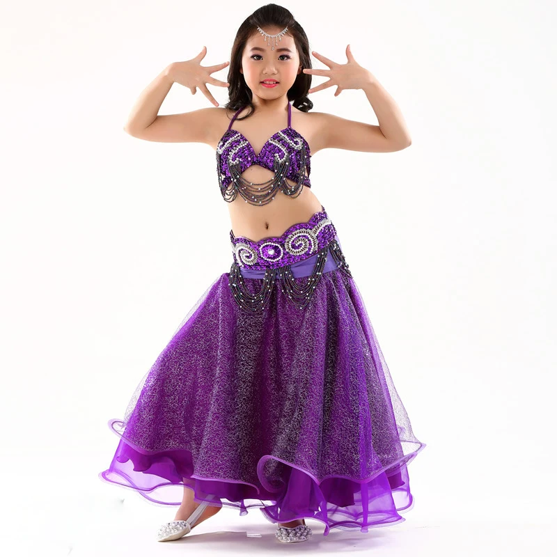 2018 Stage Performance New Arrivals Children Dance Wear Beaded Outfits Belly Costume Bra Belt Mesh Skirt #814 | Тематическая одежда
