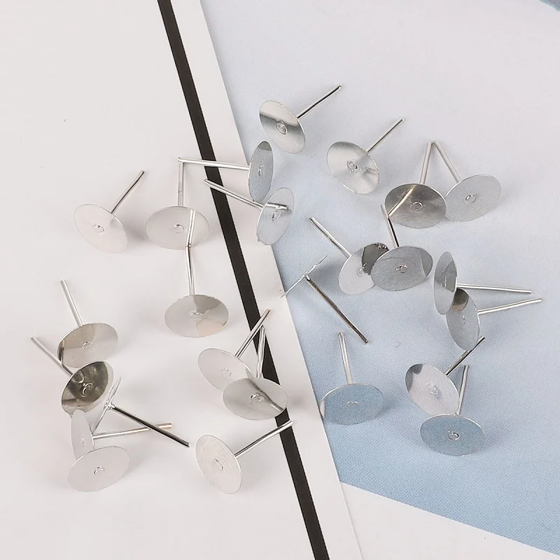 Rhodium 100 шт, 4 мм, 6 мм, 8 мм, золотые/серебряные серьги, пустая круглая основа, кабошон, серьги-гвоздики, плоская основа, серьги из чистого серебра - Цвет: Rhodium