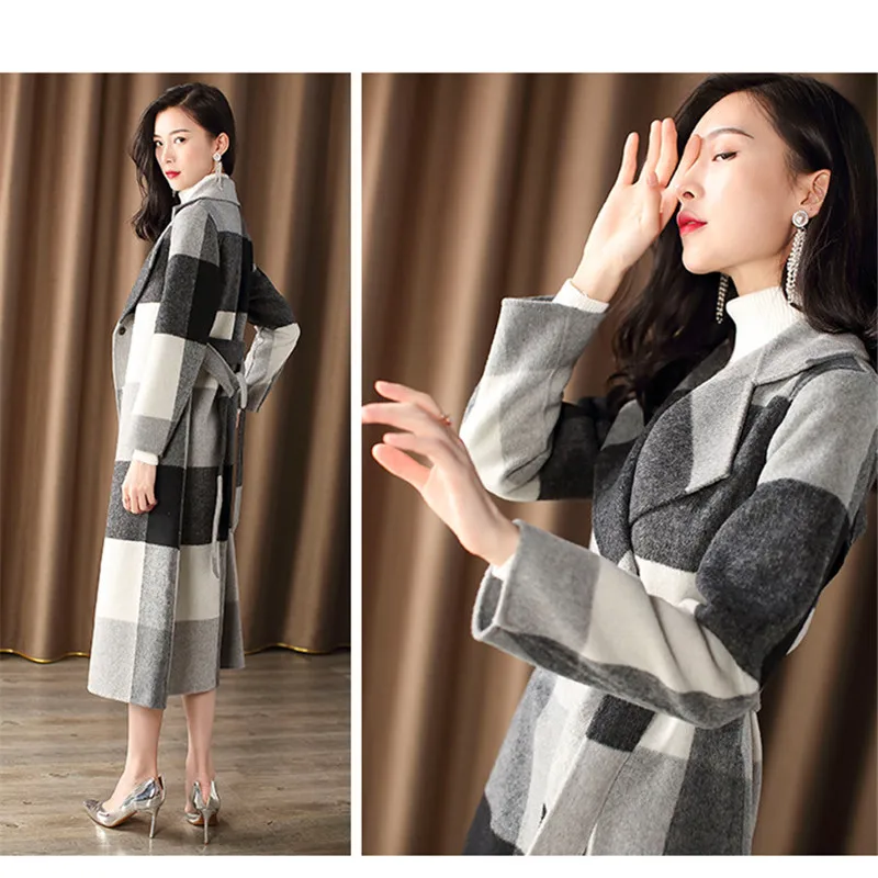 Женские пальто зимнее длинное шерстяное в клетку 2020 теплые винтажные модные