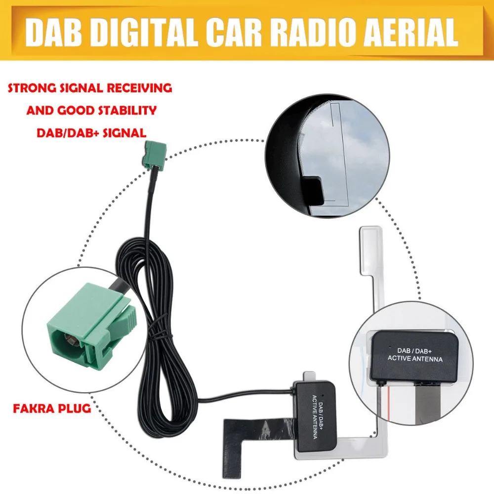 Pro DAB Digital Car Radio Aerial Antenna Glass Mount FAKRA Plug with 3m Line for Digital Audio Broadcast Receiver