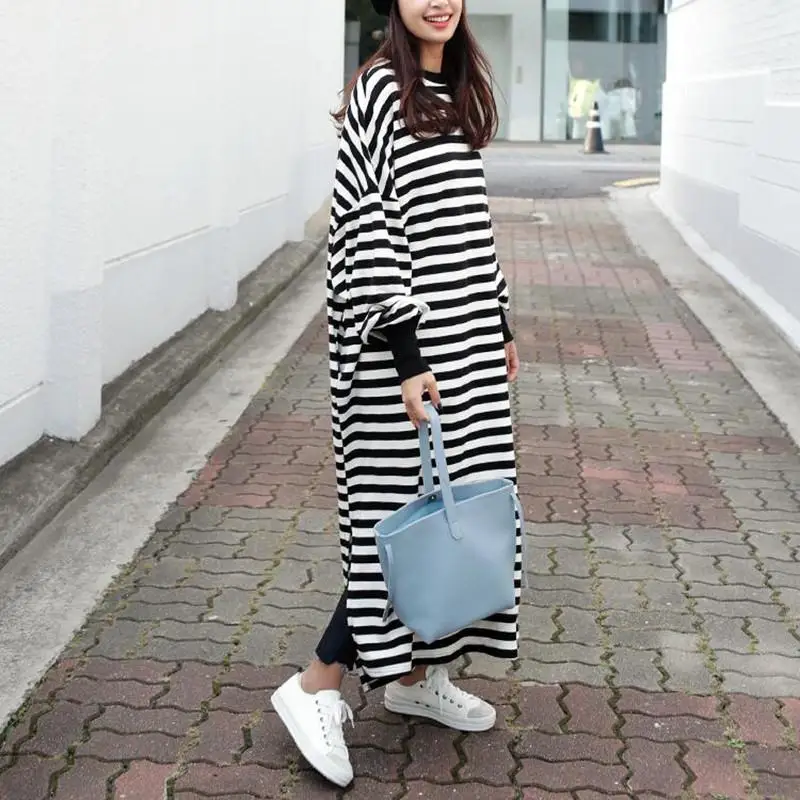 Длинное платье для женщин 2018 зима осень фонарь длинный рукав полосатый прямой