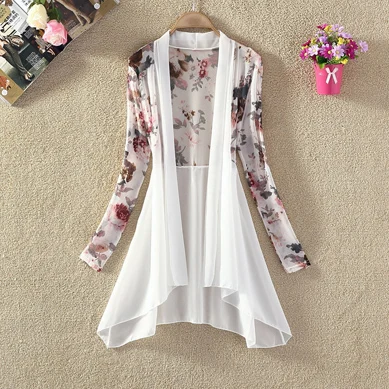 chiffon cardigan Шифоновый кардиган, кимоно, Цветочный Топ, летний кардиган, женский, бохо, белая рубашка, пэчворк, Ретро стиль, асимметричный,, Корейская одежда, новинка - Цвет: chiffon cardigan