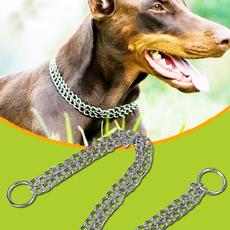 

Bright silver Double Chain Dog Collar Lead Durable Outdoor Pet Dog Training Collar For Big Dogs S/M/L